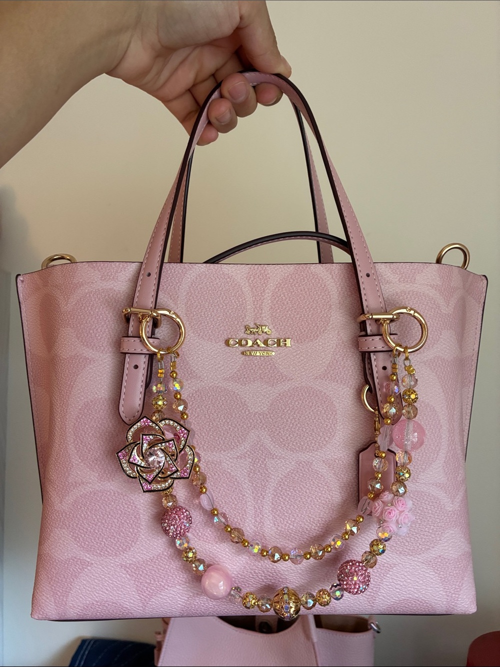 Pink Crystal Rose Charm Beaded Keychain Bag Chain